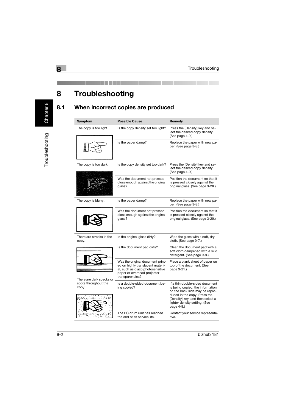 8 troubleshooting, 1 when incorrect copies are produced, Troubleshooting | When incorrect copies are produced -2, 8troubleshooting | Konica Minolta bizhub 181 User Manual | Page 301 / 322