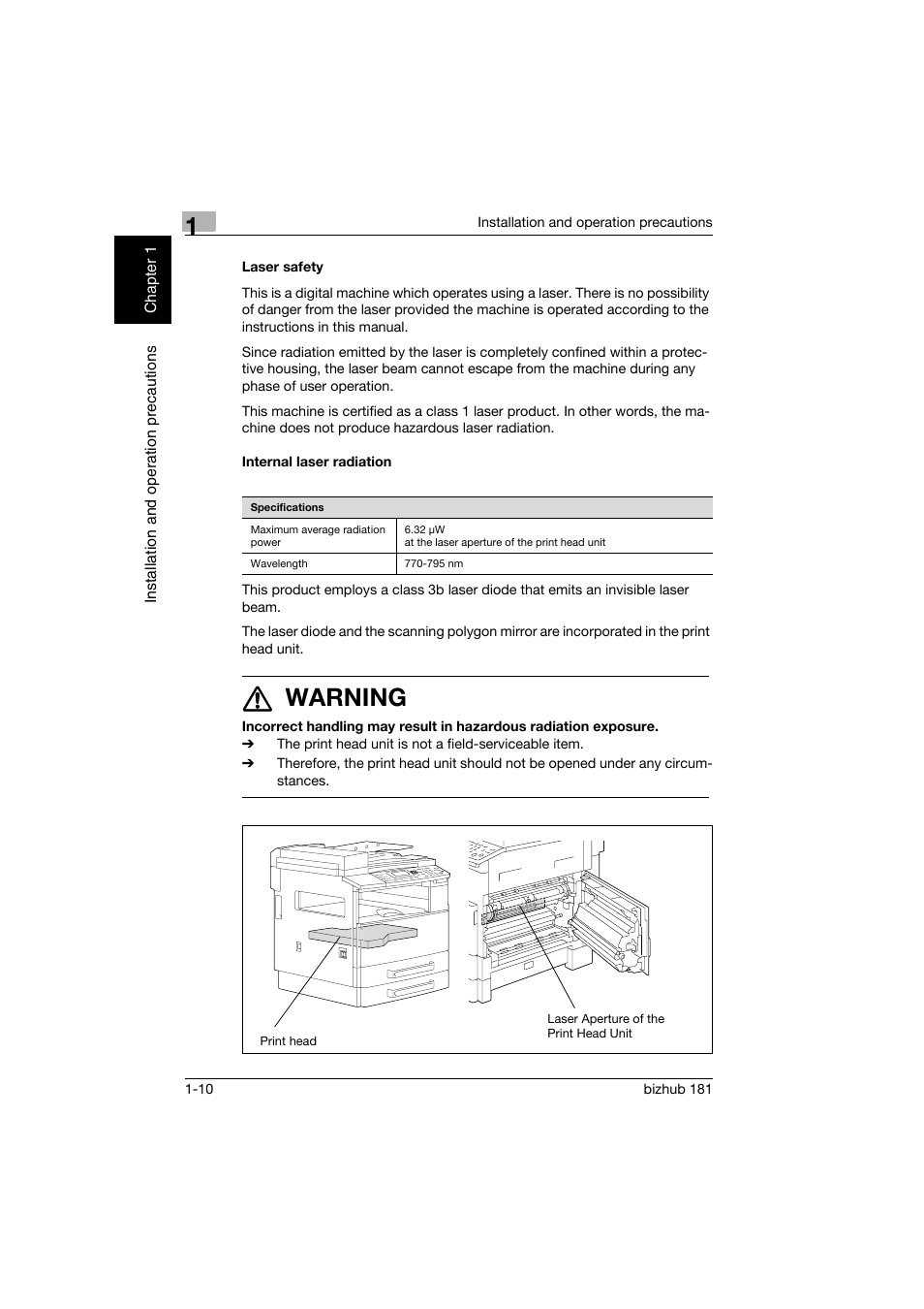 Laser safety, Internal laser radiation, Laser safety -10 internal laser radiation -10 | 7 warning | Konica Minolta bizhub 181 User Manual | Page 31 / 322