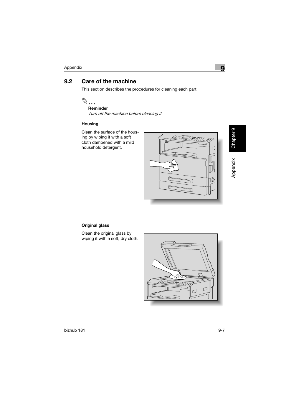 2 care of the machine, Housing, Original glass | Care of the machine -7, Housing -7 original glass -7 | Konica Minolta bizhub 181 User Manual | Page 310 / 322