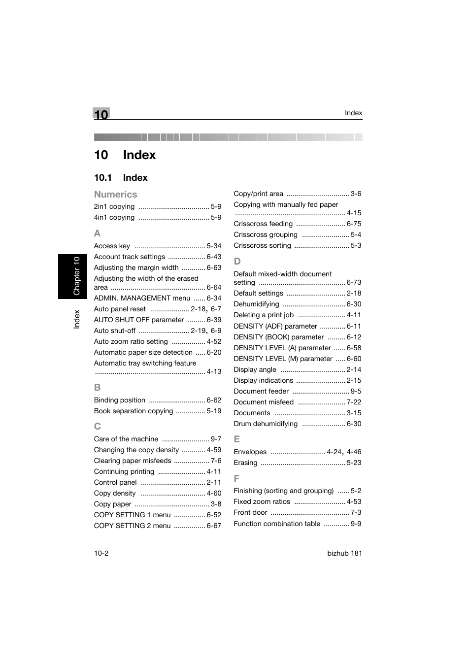 10 index, 1 index, A to f | Index -2 | Konica Minolta bizhub 181 User Manual | Page 319 / 322