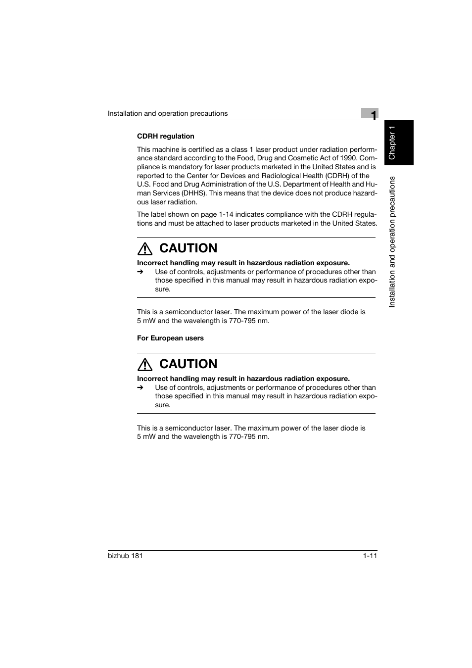 Cdrh regulation, For european users, Cdrh regulation -11 for european users -11 | 7 caution | Konica Minolta bizhub 181 User Manual | Page 32 / 322