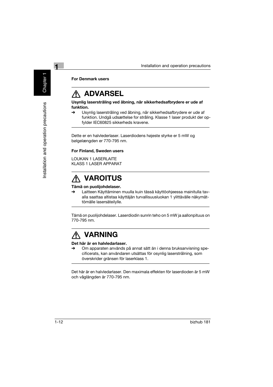 For denmark users, For finland, sweden users, 7 advarsel | 7 varoitus, 7 varning | Konica Minolta bizhub 181 User Manual | Page 33 / 322