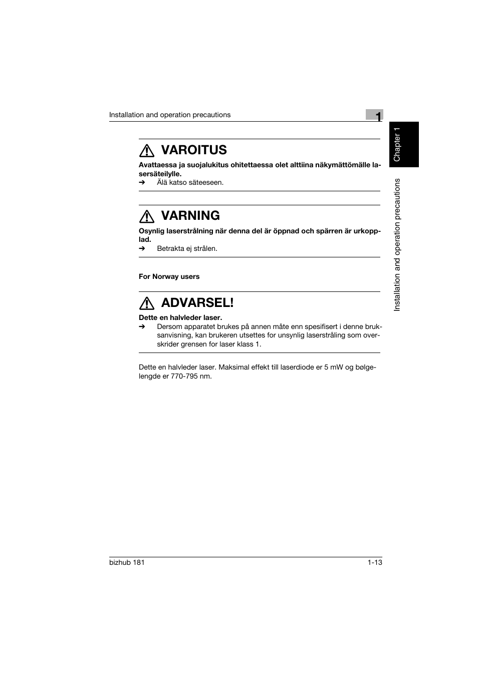 For norway users, For norway users -13, 7 varoitus | 7 varning, 7 advarsel | Konica Minolta bizhub 181 User Manual | Page 34 / 322