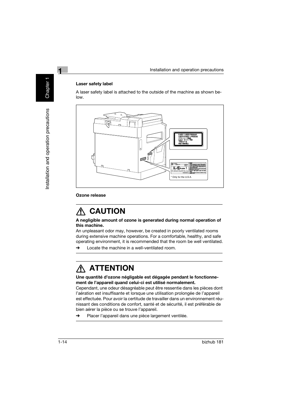 Laser safety label, Ozone release, Laser safety label -14 ozone release -14 | 7 caution, 7 attention | Konica Minolta bizhub 181 User Manual | Page 35 / 322