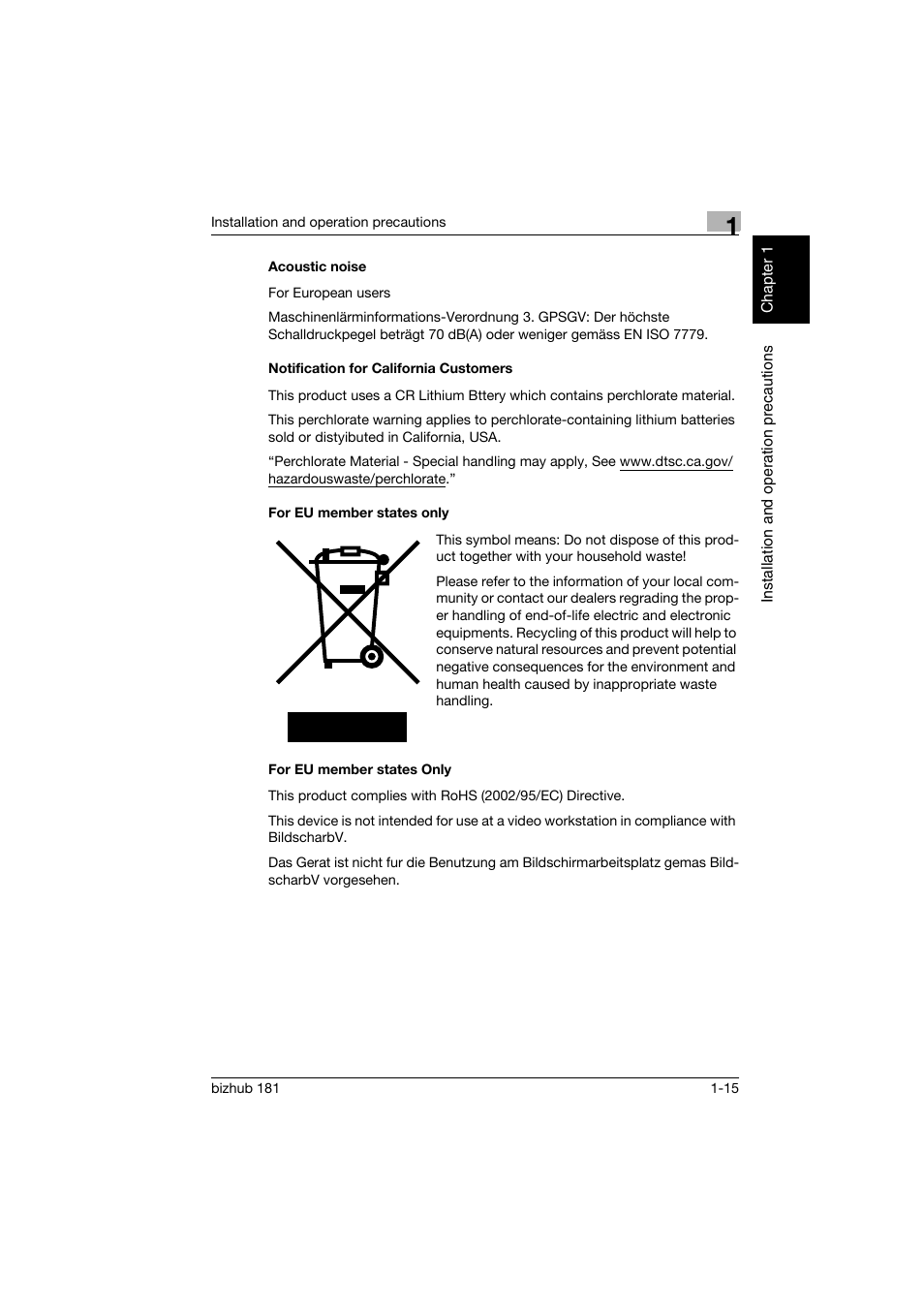 Acoustic noise, Notification for california customers, For eu member states only | Acoustic noise -15 | Konica Minolta bizhub 181 User Manual | Page 36 / 322