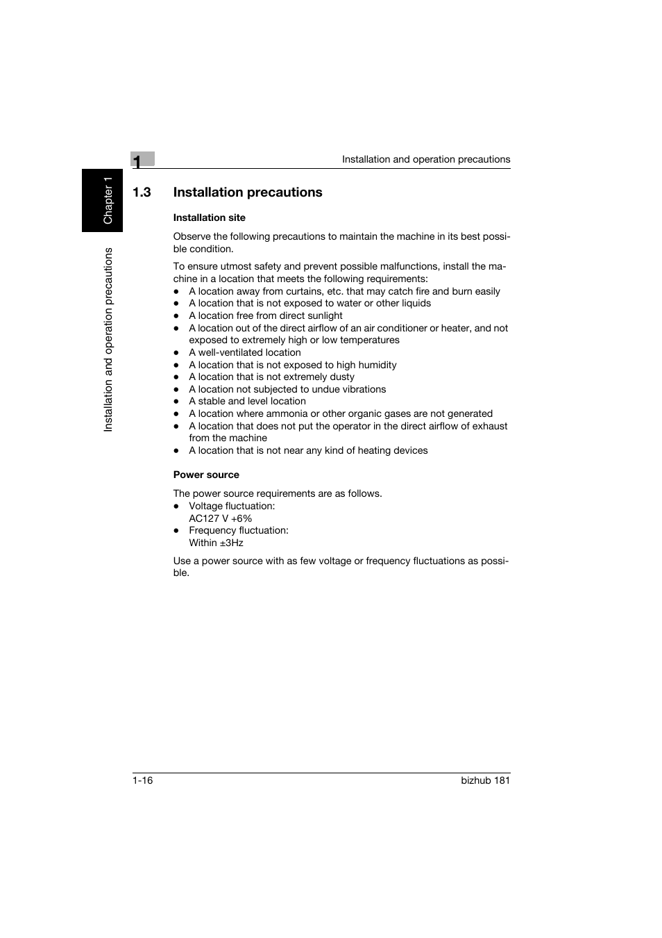 3 installation precautions, Installation site, Power source | Installation precautions -16, Installation site -16 power source -16 | Konica Minolta bizhub 181 User Manual | Page 37 / 322