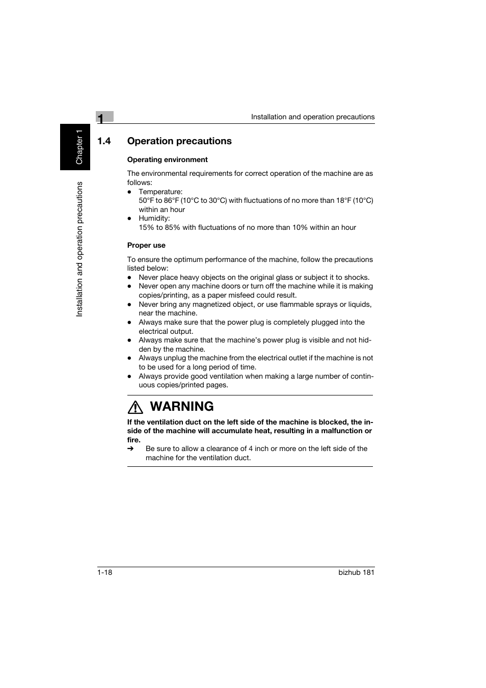 4 operation precautions, Operating environment, Proper use | Operation precautions -18, Operating environment -18 proper use -18, 7 warning | Konica Minolta bizhub 181 User Manual | Page 39 / 322