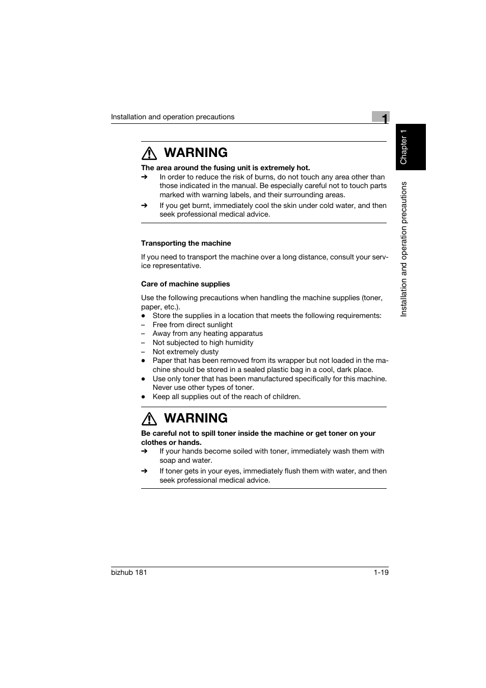 Transporting the machine, Care of machine supplies, 7 warning | Konica Minolta bizhub 181 User Manual | Page 40 / 322