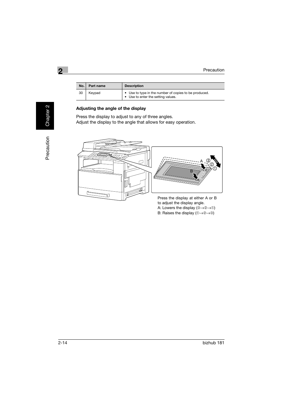 Adjusting the angle of the display, Adjusting the angle of the display -14 | Konica Minolta bizhub 181 User Manual | Page 55 / 322