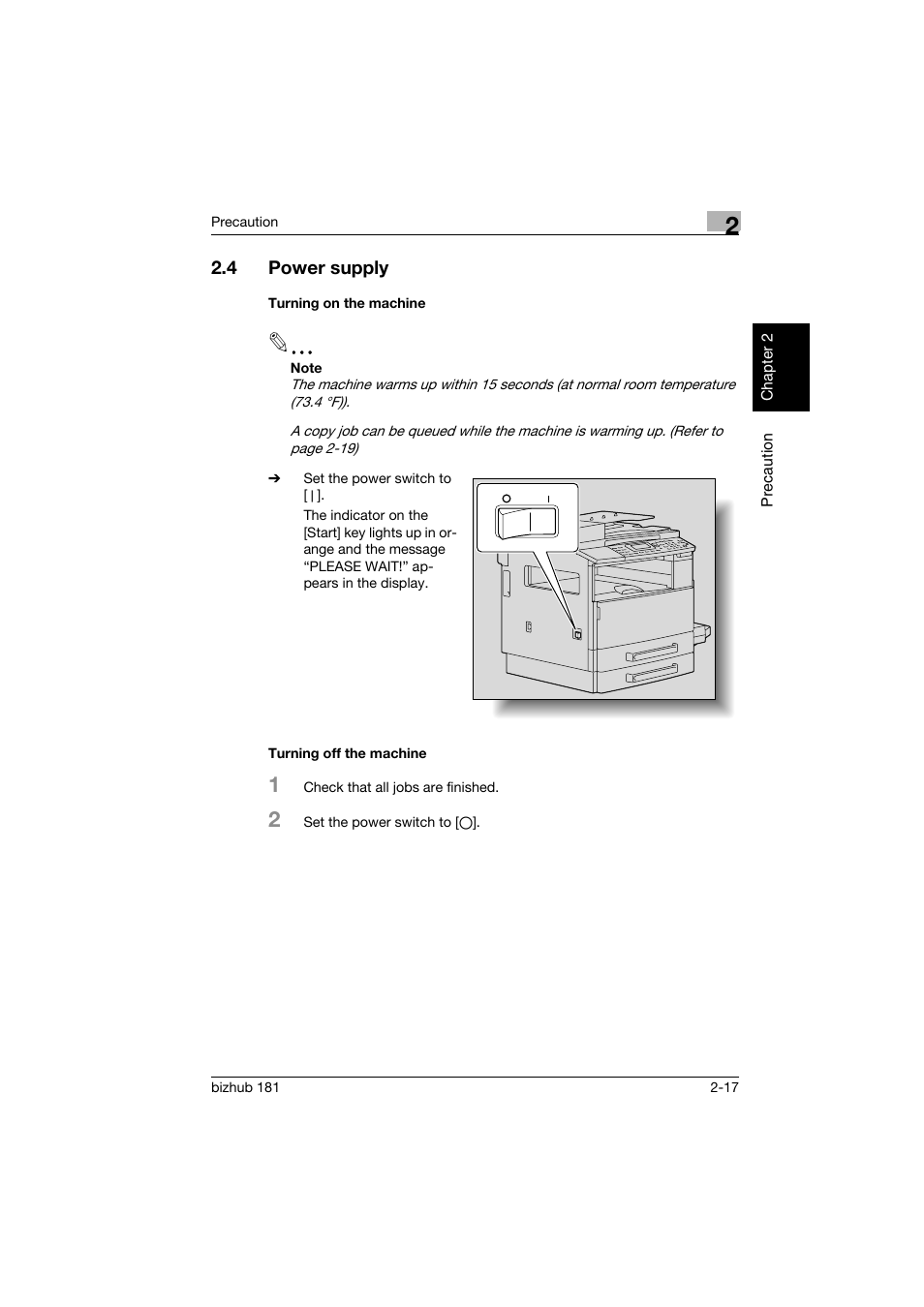 4 power supply, Turning on the machine, Turning off the machine | Power supply -17 | Konica Minolta bizhub 181 User Manual | Page 58 / 322