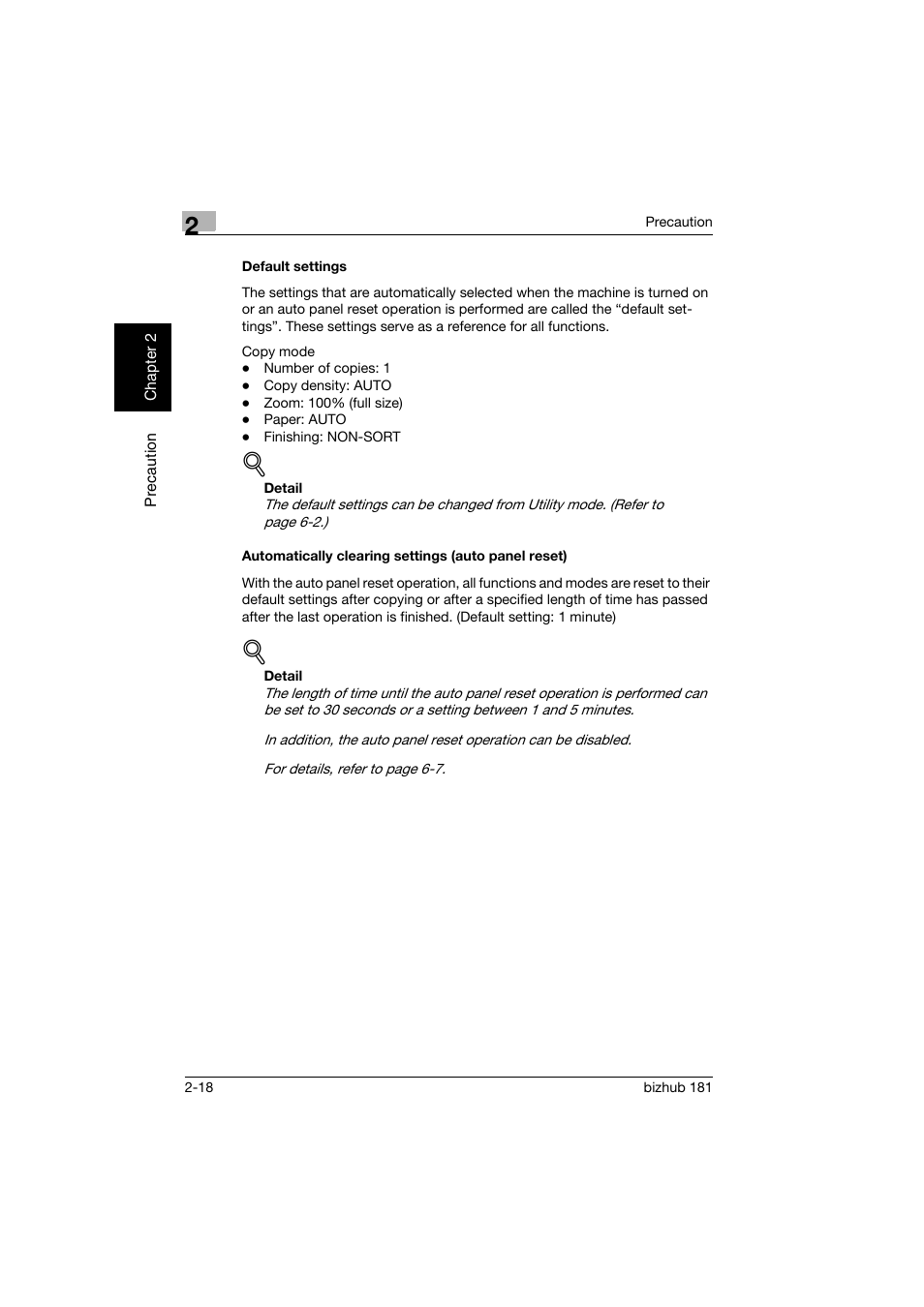 Default settings, Automatically clearing settings (auto panel reset) | Konica Minolta bizhub 181 User Manual | Page 59 / 322