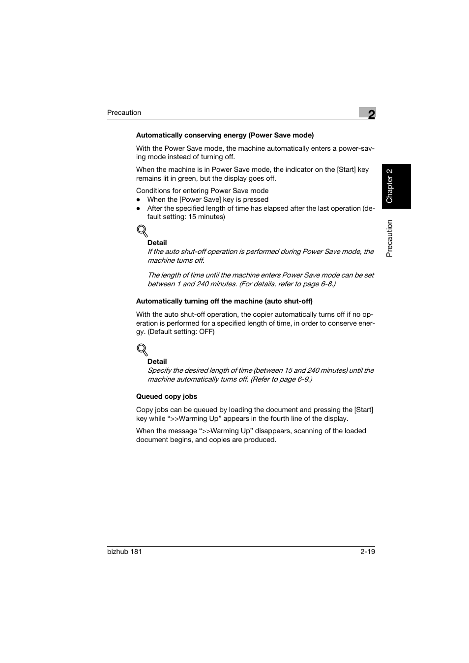 Automatically conserving energy (power save mode), Queued copy jobs | Konica Minolta bizhub 181 User Manual | Page 60 / 322