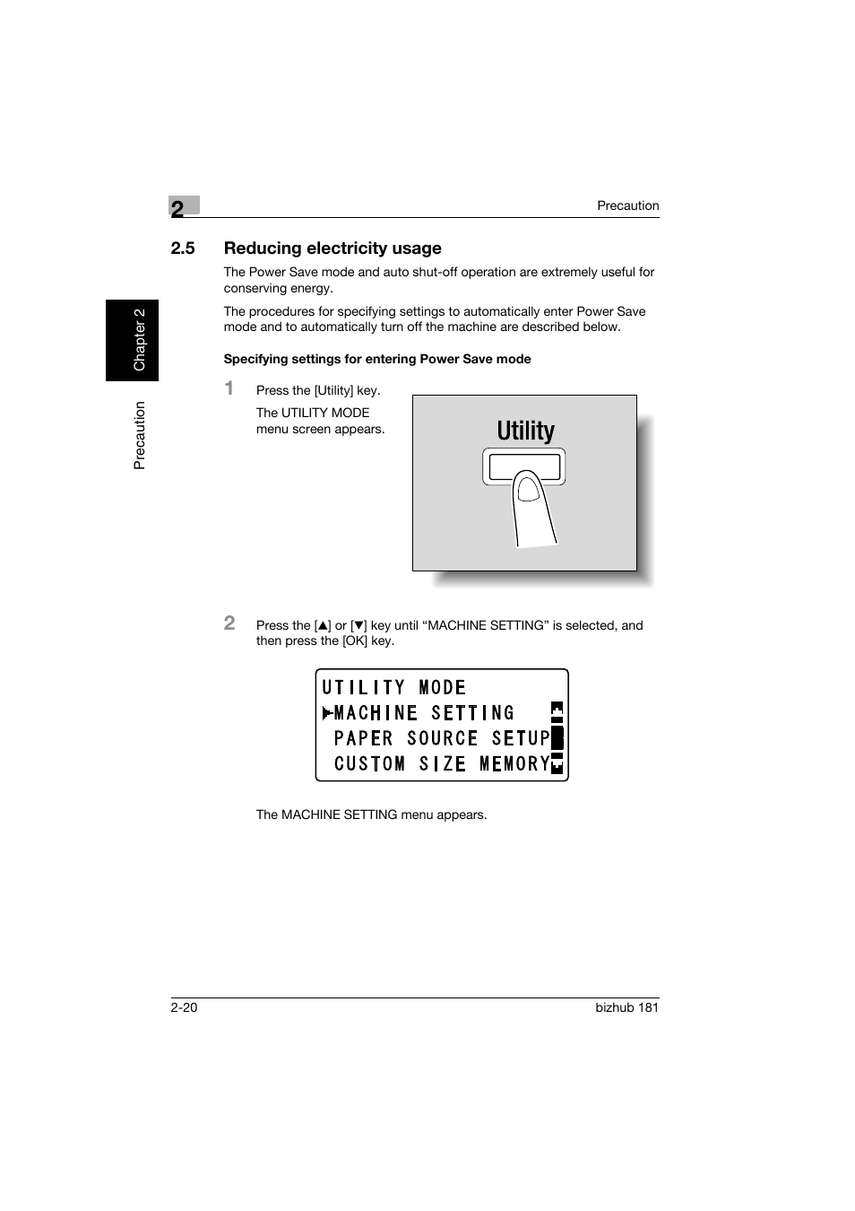 5 reducing electricity usage, Specifying settings for entering power save mode, Reducing electricity usage -20 | Konica Minolta bizhub 181 User Manual | Page 61 / 322