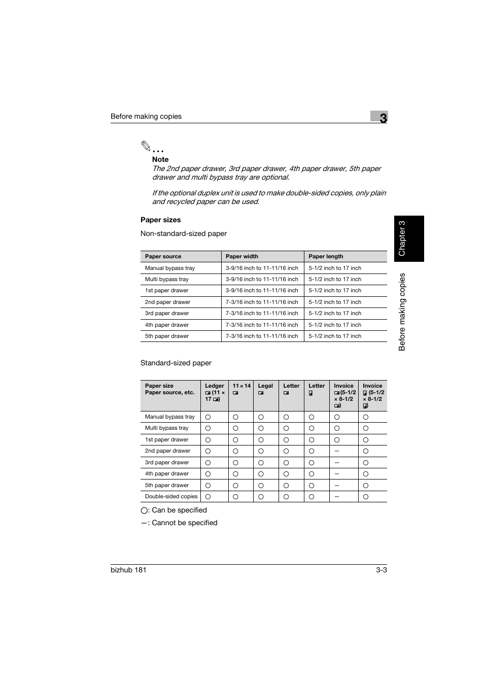 Paper sizes, Paper sizes -3 | Konica Minolta bizhub 181 User Manual | Page 68 / 322