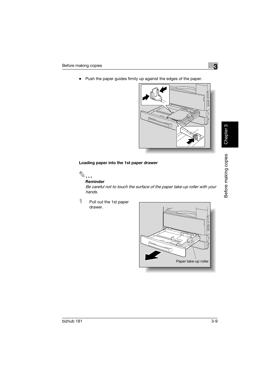 Loading paper into the 1st paper drawer, Loading paper into the 1st paper drawer -9 | Konica Minolta bizhub 181 User Manual | Page 74 / 322