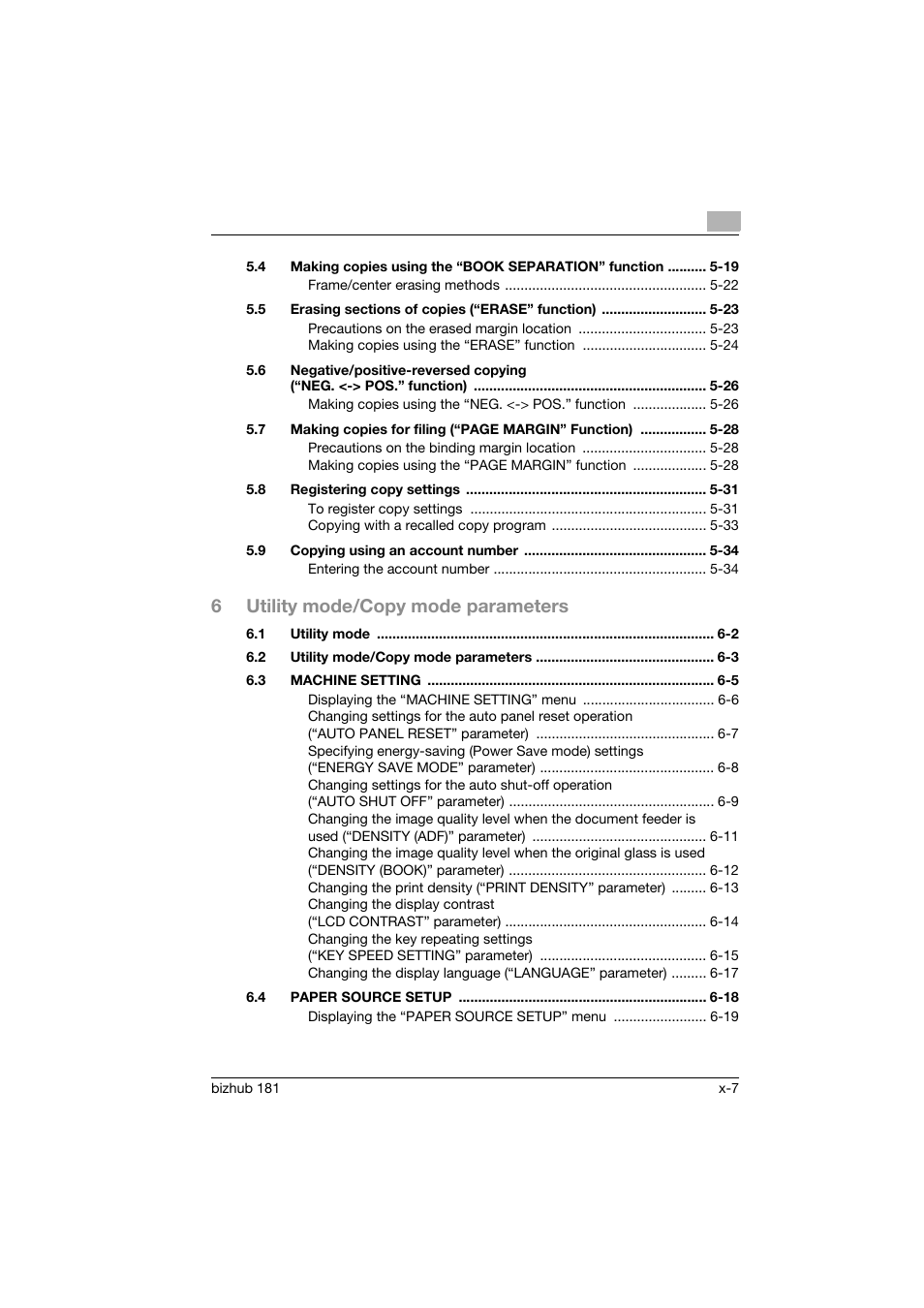 6utility mode/copy mode parameters | Konica Minolta bizhub 181 User Manual | Page 8 / 322