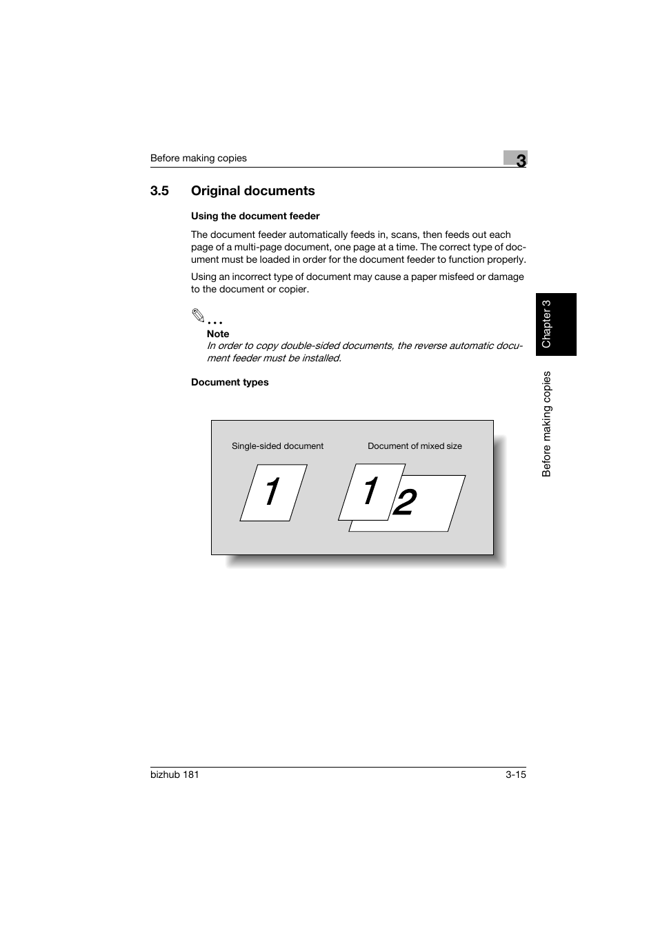 5 original documents, Using the document feeder, Document types | Original documents -15, Using the document feeder -15 document types -15 | Konica Minolta bizhub 181 User Manual | Page 80 / 322