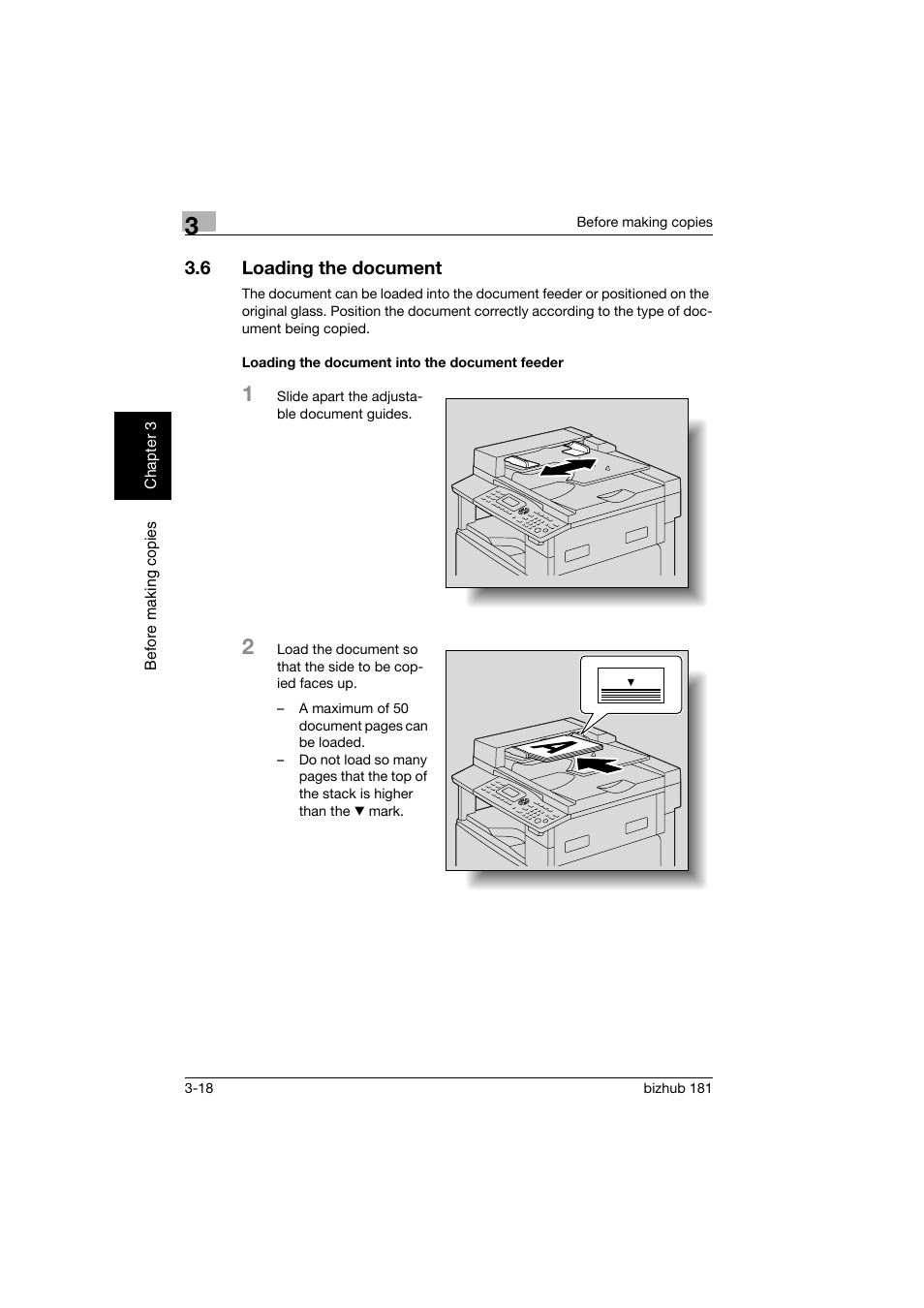 6 loading the document, Loading the document into the document feeder, Loading the document -18 | Loading the document into the document feeder -18, P. 3-18 | Konica Minolta bizhub 181 User Manual | Page 83 / 322