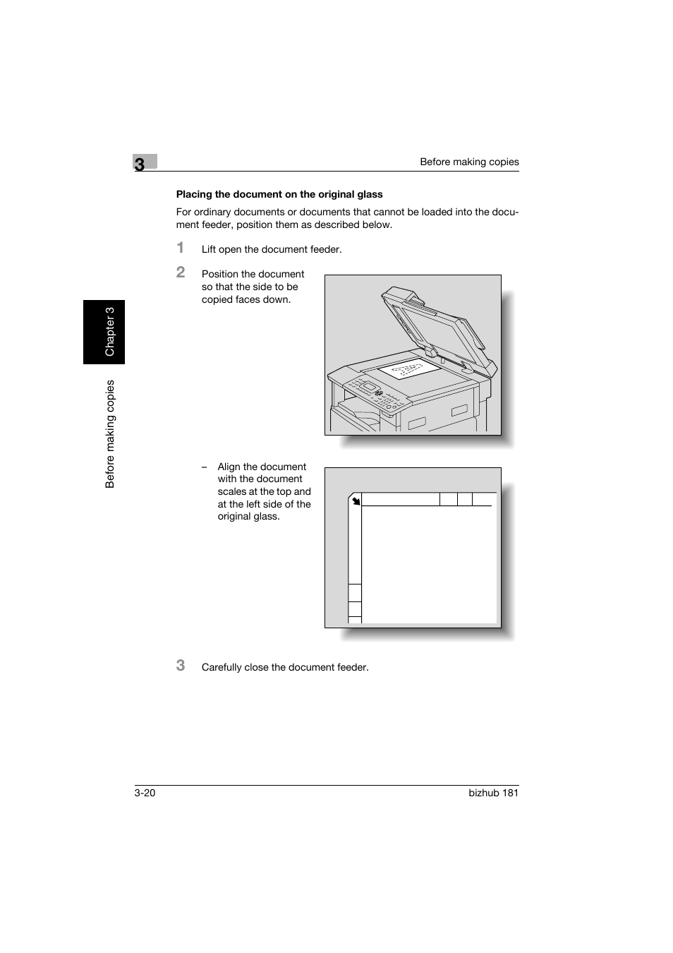 Placing the document on the original glass, Placing the document on the original glass -20 | Konica Minolta bizhub 181 User Manual | Page 85 / 322