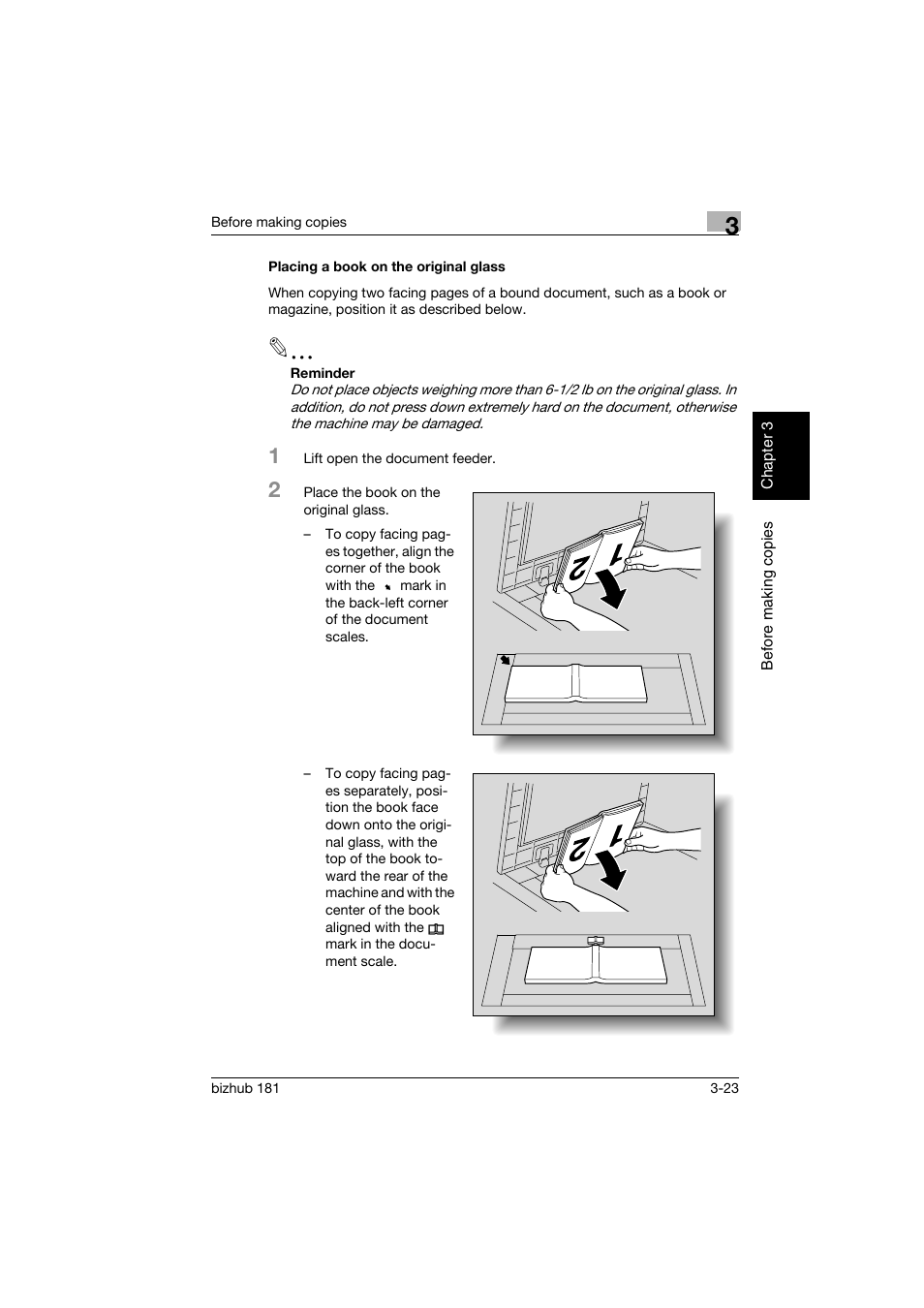 Placing a book on the original glass, Placing a book on the original glass -23 | Konica Minolta bizhub 181 User Manual | Page 88 / 322