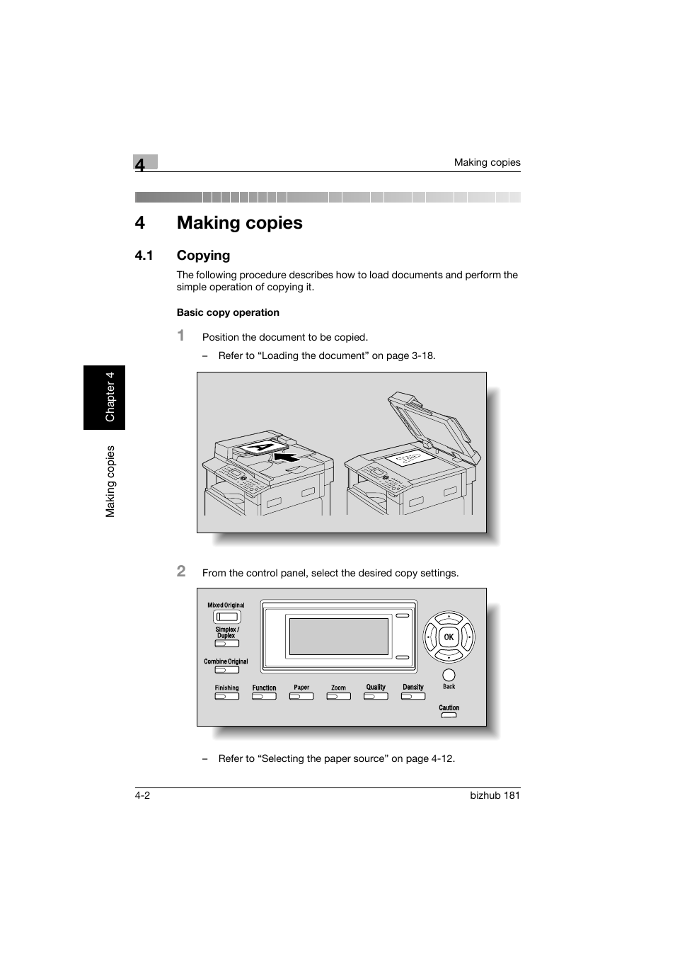 4 making copies, 1 copying, Basic copy operation | Making copies, Copying -2, Basic copy operation -2, 4making copies | Konica Minolta bizhub 181 User Manual | Page 95 / 322