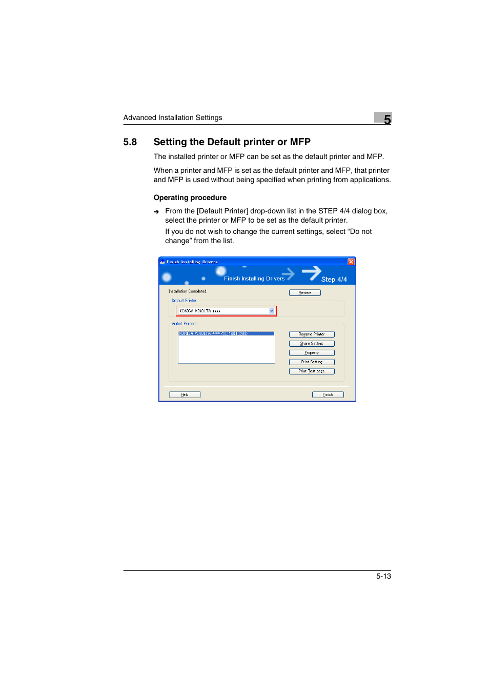 8 setting the default printer or mfp, Operating procedure, Setting the default printer or mfp -13 | Operating procedure -13 | Konica Minolta BIZHUB PRO 1050 User Manual | Page 28 / 36