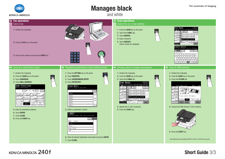 Manages black, Short guide 3/3, And white | Konica Minolta Konica Minolta 240f User Manual | Page 3 / 3