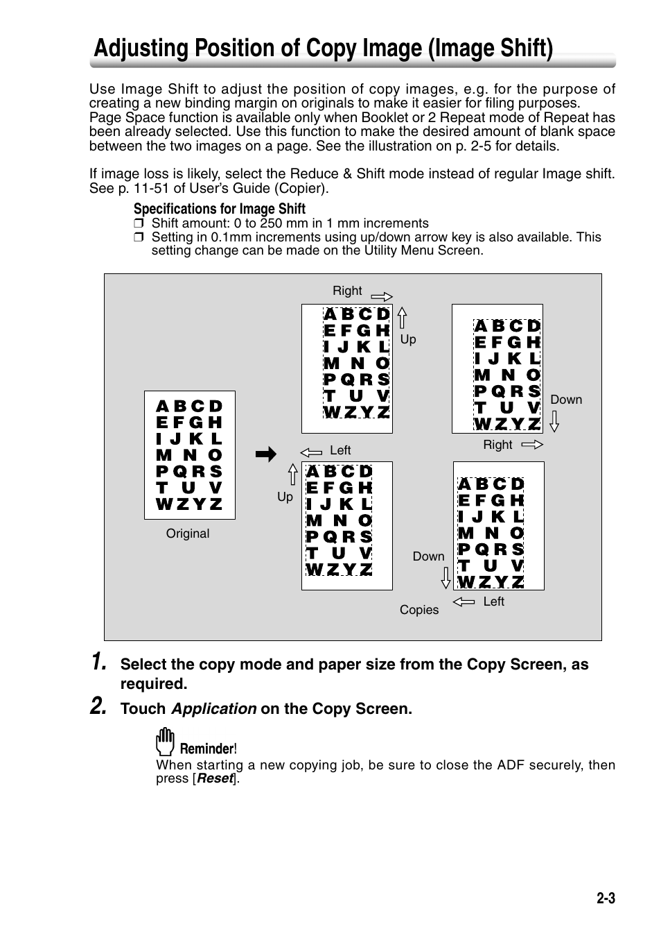 Adjusting position of copy image (image shift), Adjusting position of copy image (image shift) -3 | Konica Minolta SD-501 User Manual | Page 25 / 52