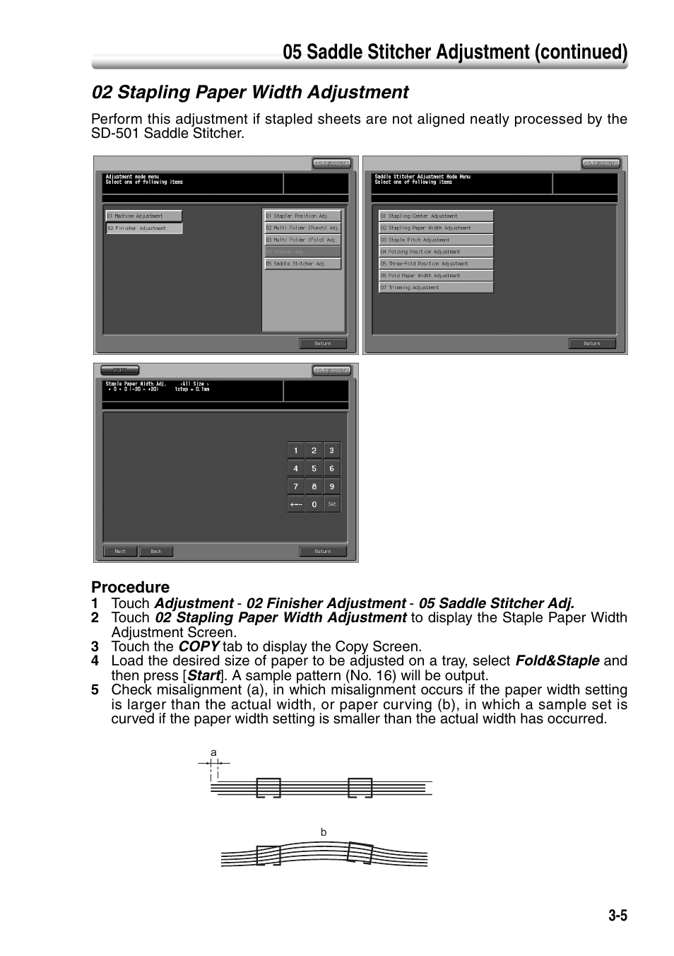 02 stapling paper width adjustment, 02 stapling paper width adjustment -5, 05 saddle stitcher adjustment (continued) | Konica Minolta SD-501 User Manual | Page 41 / 52