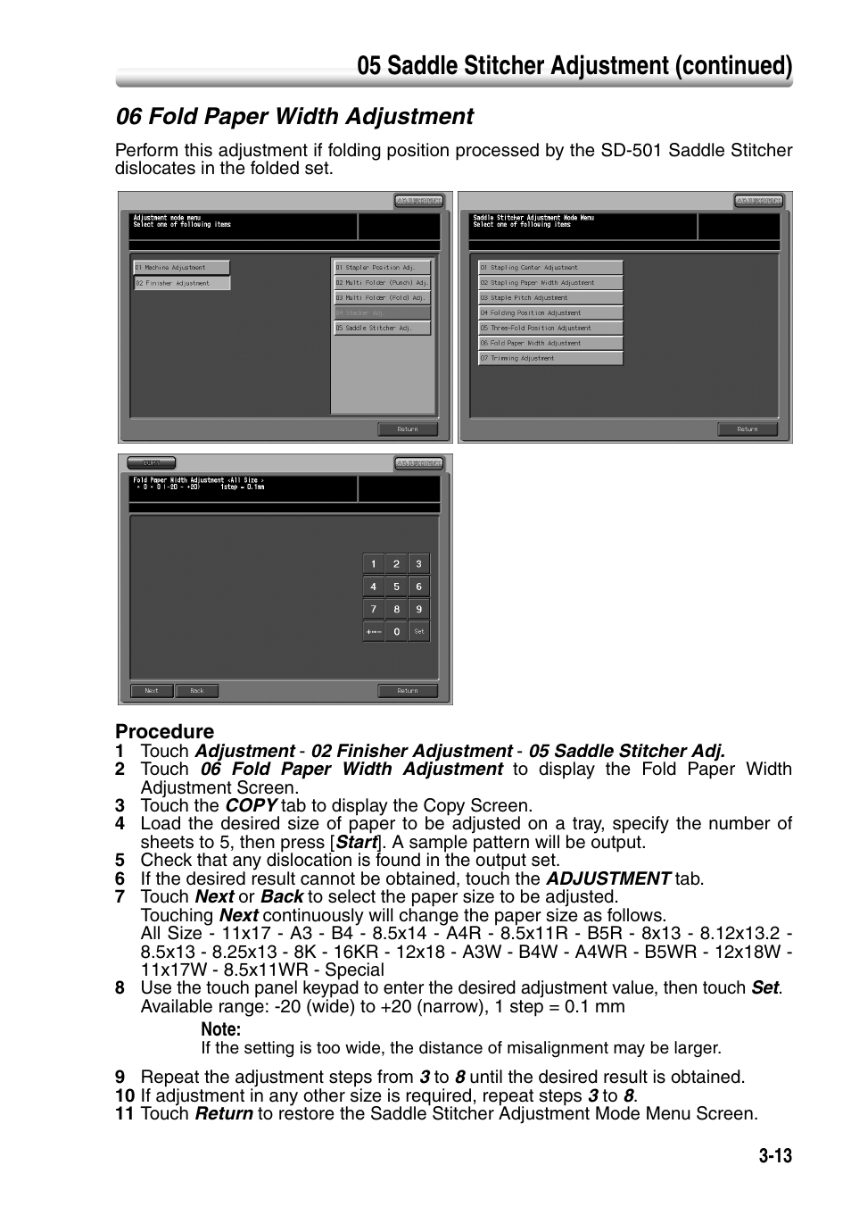 06 fold paper width adjustment, 06 fold paper width adjustment -13, 05 saddle stitcher adjustment (continued) | Konica Minolta SD-501 User Manual | Page 49 / 52