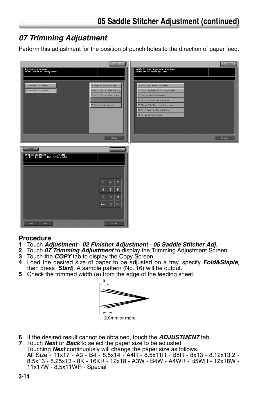 07 trimming adjustment, 07 trimming adjustment -14, 05 saddle stitcher adjustment (continued) | Konica Minolta SD-501 User Manual | Page 50 / 52