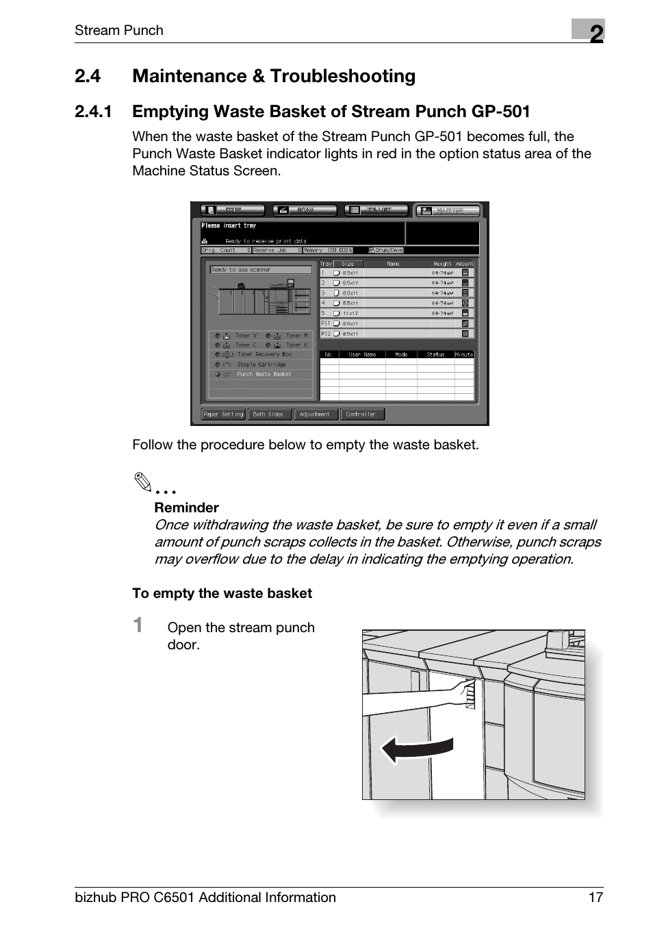 4 maintenance & troubleshooting, 1 emptying waste basket of stream punch gp-501, Maintenance & troubleshooting | Emptying waste basket of stream punch gp-501 | Konica Minolta bizhub PRO C6501 User Manual | Page 21 / 28