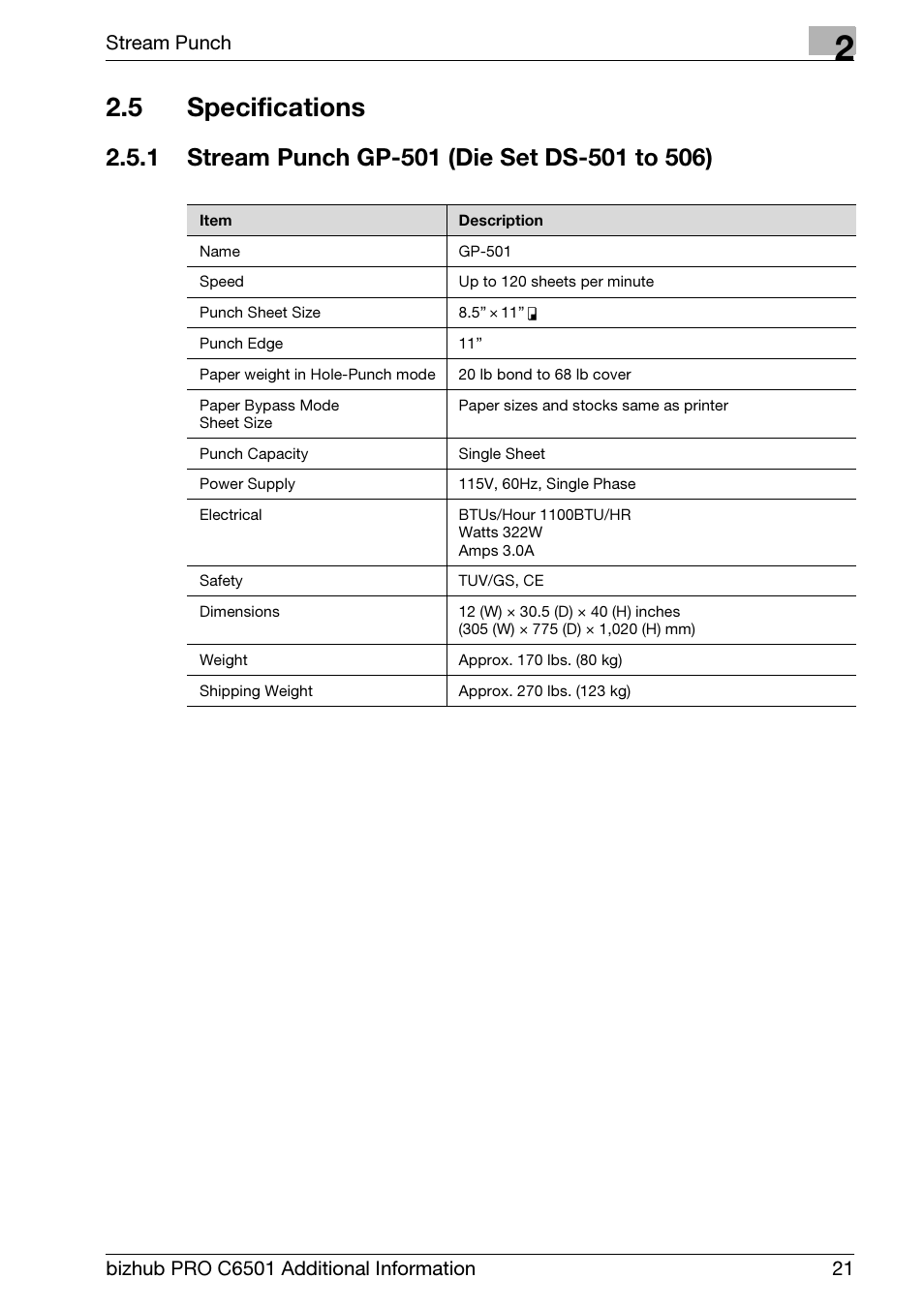 5 specifications, 1 stream punch gp-501 (die set ds-501 to 506), Specifications | Stream punch gp-501 (die set ds-501 to 506) | Konica Minolta bizhub PRO C6501 User Manual | Page 25 / 28