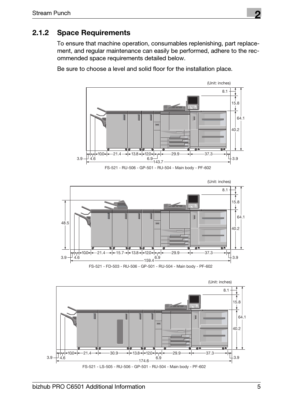 2 space requirements, Space requirements, Stream punch | Konica Minolta bizhub PRO C6501 User Manual | Page 9 / 28