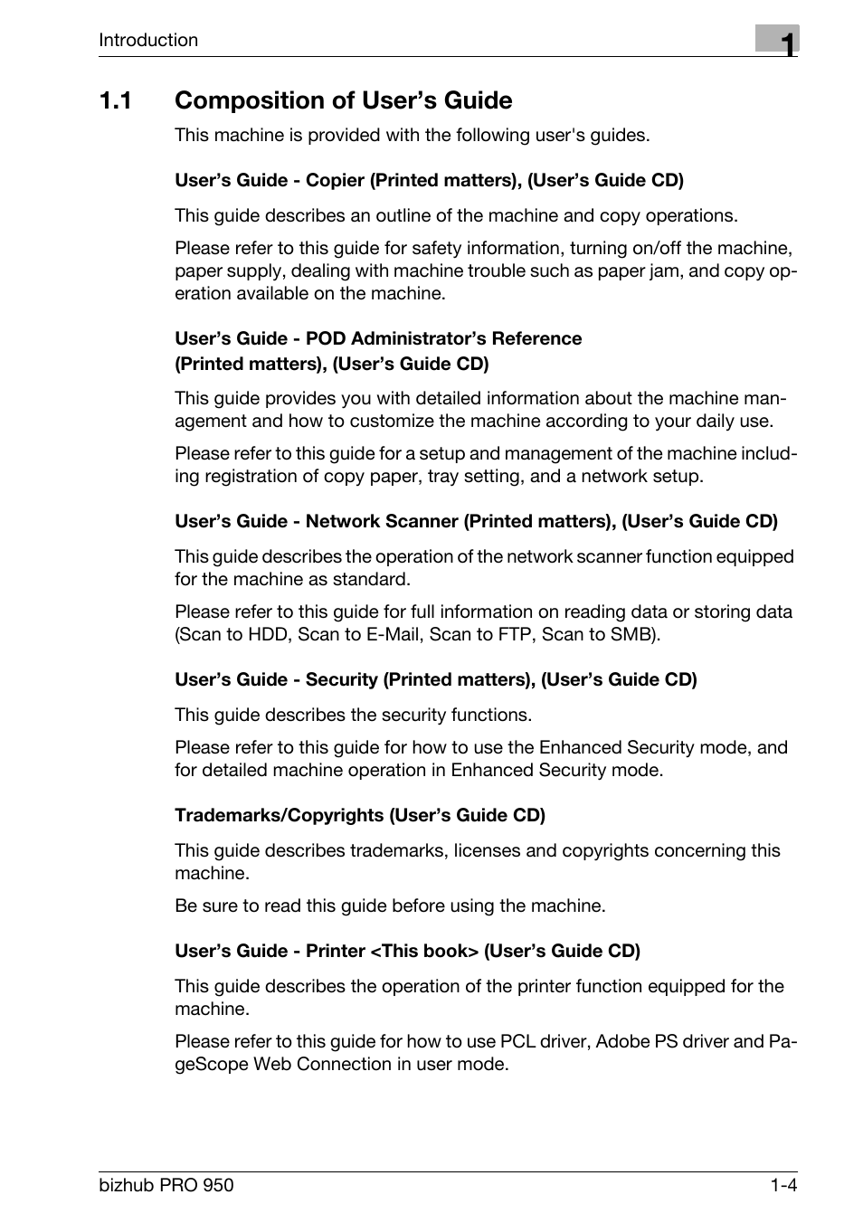 1 composition of user’s guide, Trademarks/copyrights (user’s guide cd), Composition of user’s guide -4 | Konica Minolta bizhub PRO 950 User Manual | Page 10 / 320