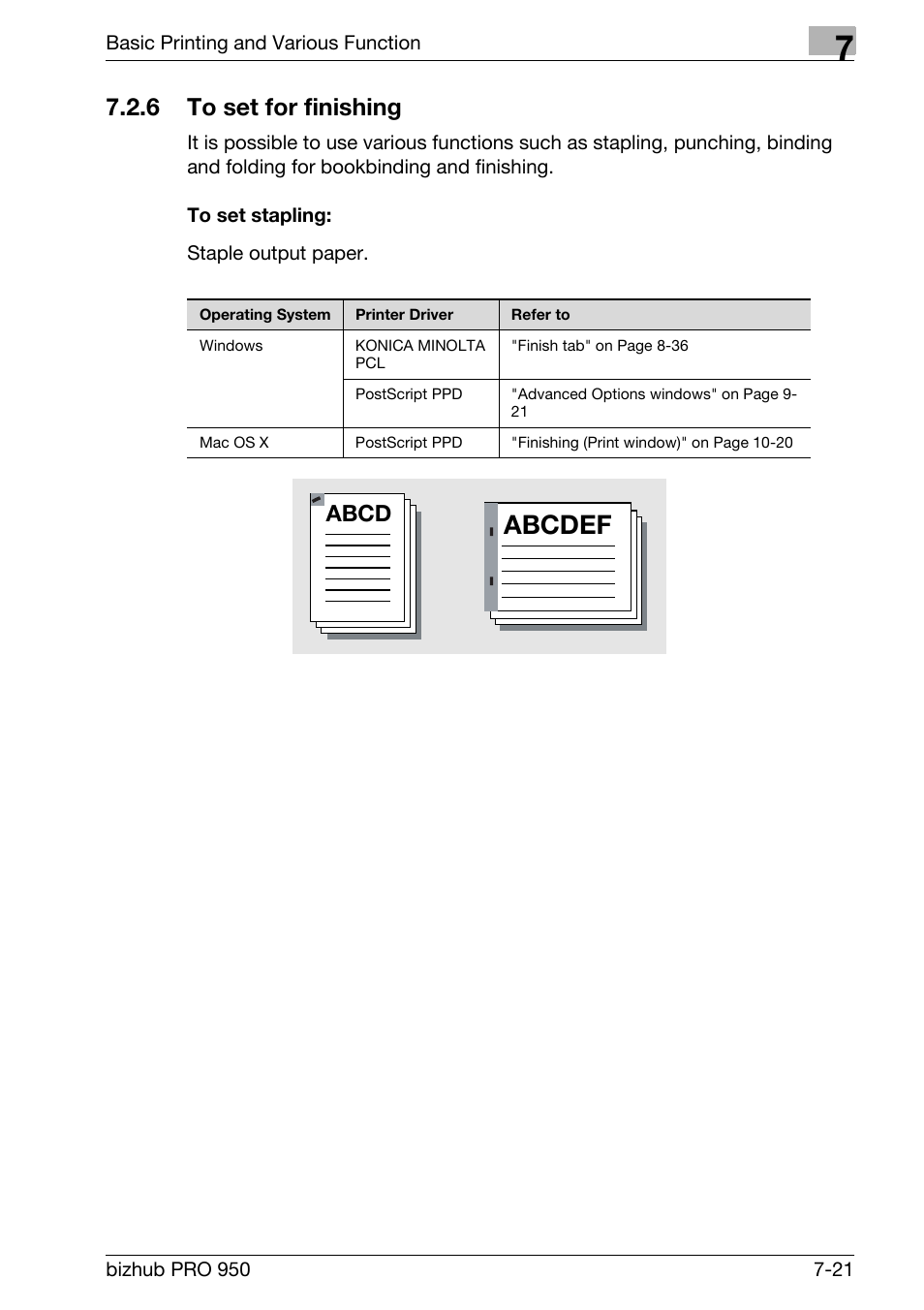 6 to set for finishing, To set stapling, To set for finishing -21 | Abcdef, Abcd | Konica Minolta bizhub PRO 950 User Manual | Page 106 / 320