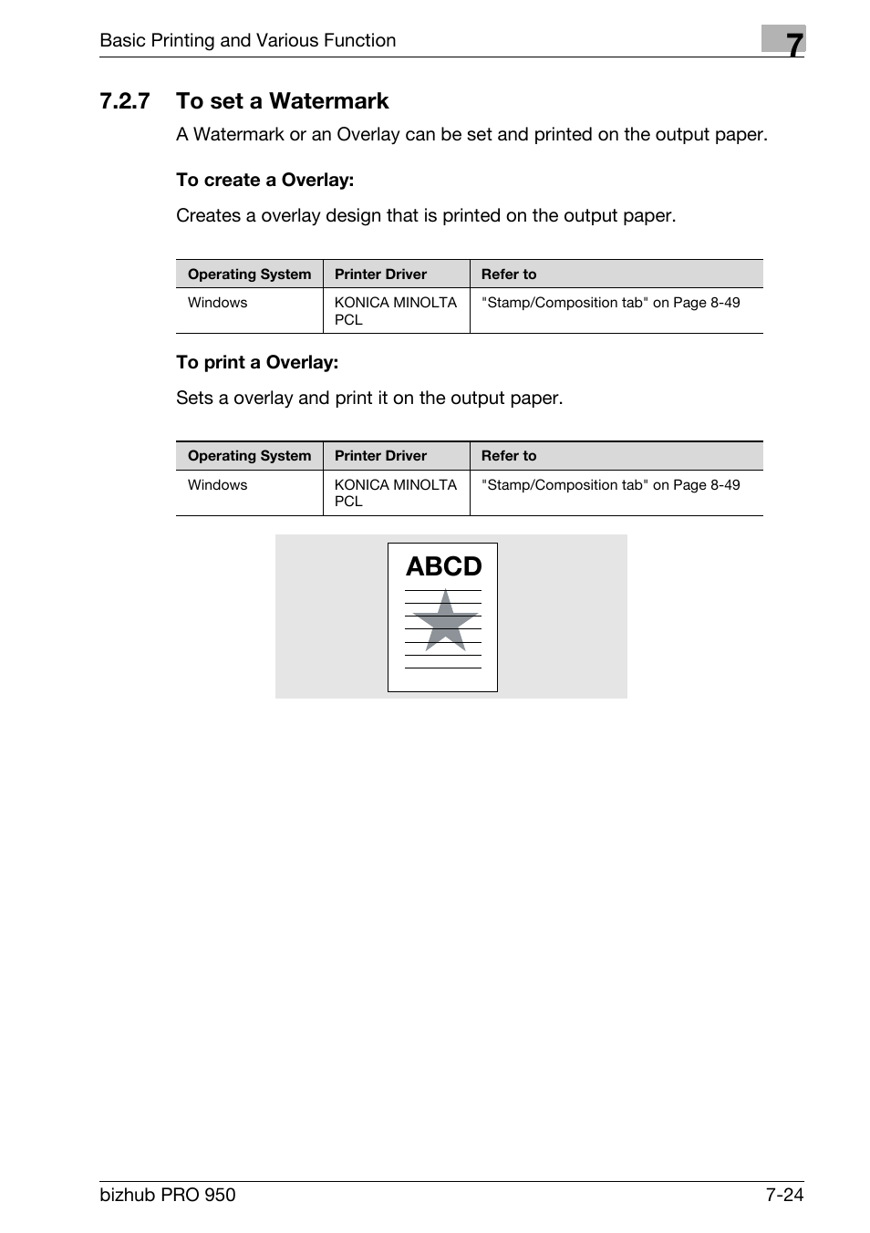 7 to set a watermark, To create a overlay, To print a overlay | To set a watermark -24, Abcd | Konica Minolta bizhub PRO 950 User Manual | Page 109 / 320