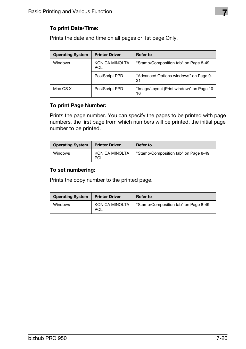 To print date/time, To set numbering | Konica Minolta bizhub PRO 950 User Manual | Page 111 / 320