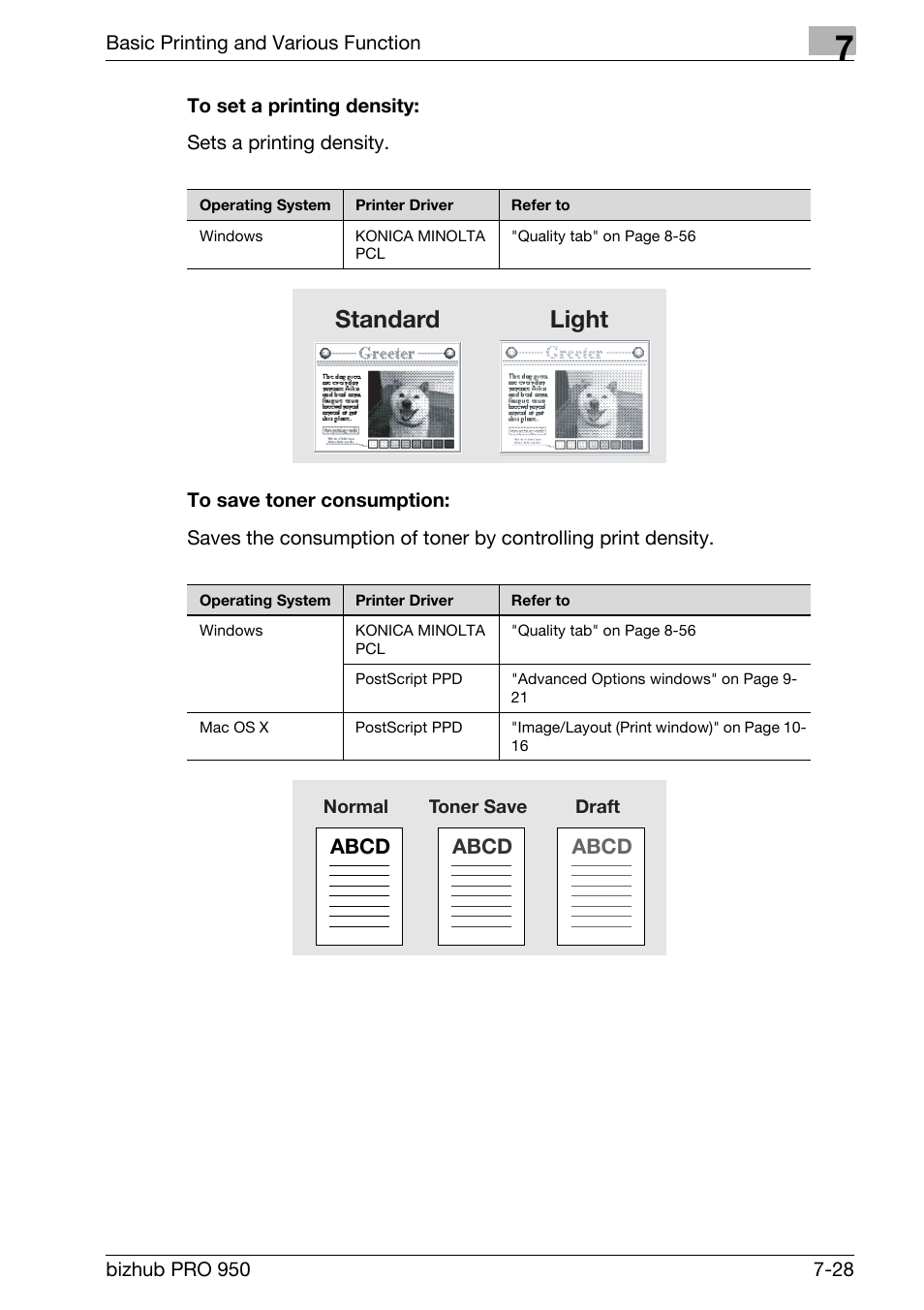 To set a printing density, To save toner consumption, Standard light | Konica Minolta bizhub PRO 950 User Manual | Page 113 / 320