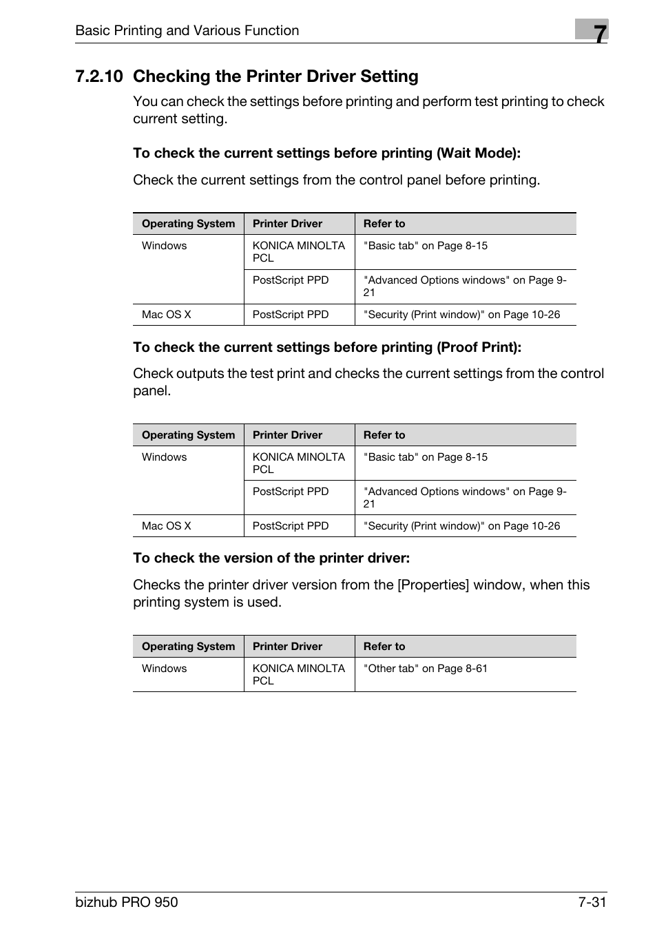 10 checking the printer driver setting, To check the version of the printer driver, Checking the printer driver setting -31 | Konica Minolta bizhub PRO 950 User Manual | Page 116 / 320