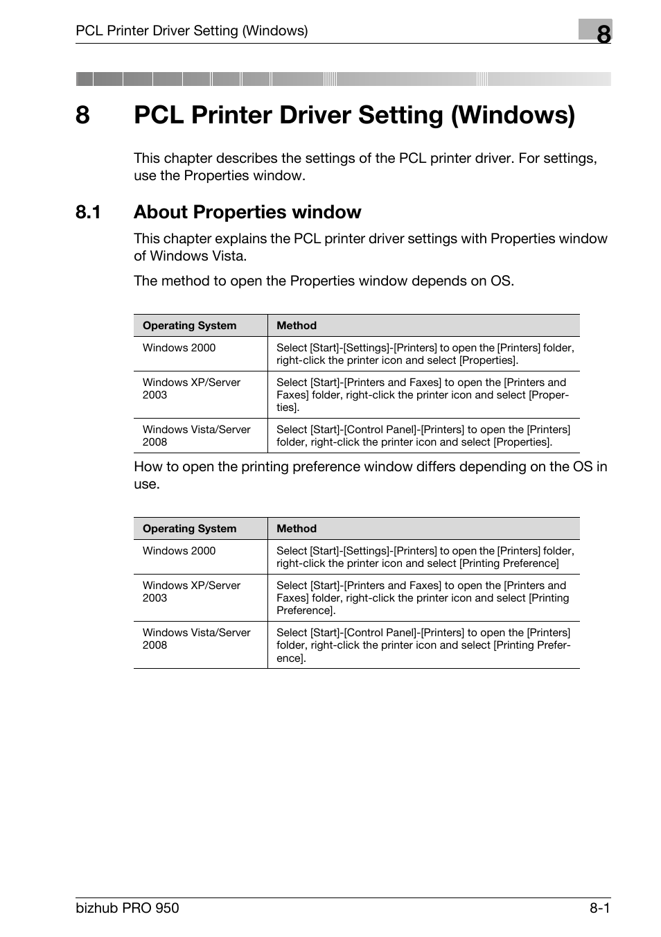 8 pcl printer driver setting (windows), 1 about properties window, Pcl printer driver setting (windows) | About properties window -1, Chapter 8 pcl printer driver setting (win- dows), 8pcl printer driver setting (windows) | Konica Minolta bizhub PRO 950 User Manual | Page 118 / 320