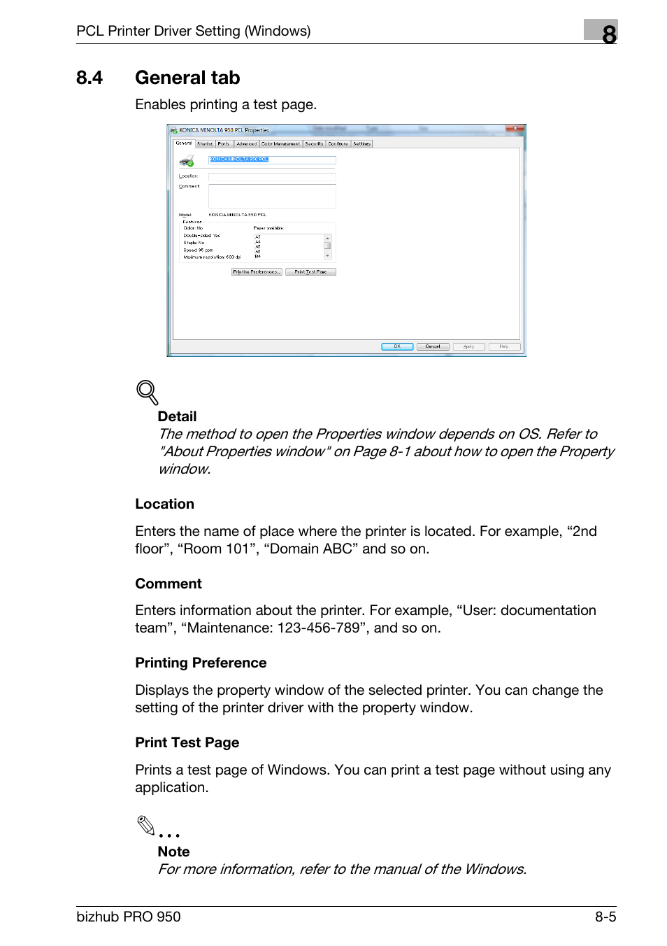 4 general tab, Location, Comment | Printing preference, General tab -5 | Konica Minolta bizhub PRO 950 User Manual | Page 122 / 320