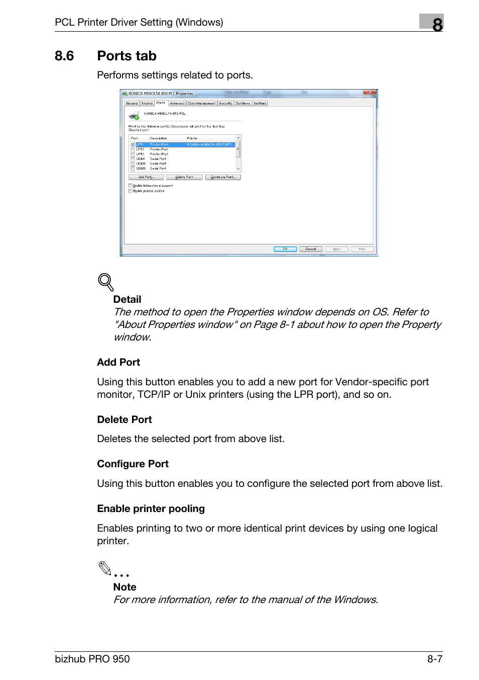 6 ports tab, Add port, Delete port | Configure port, Enable printer pooling, Ports tab -7 | Konica Minolta bizhub PRO 950 User Manual | Page 124 / 320