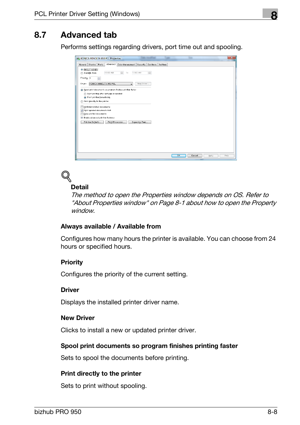 7 advanced tab, Always available / available from, Priority | Driver, New driver, Print directly to the printer, Advanced tab -8 | Konica Minolta bizhub PRO 950 User Manual | Page 125 / 320