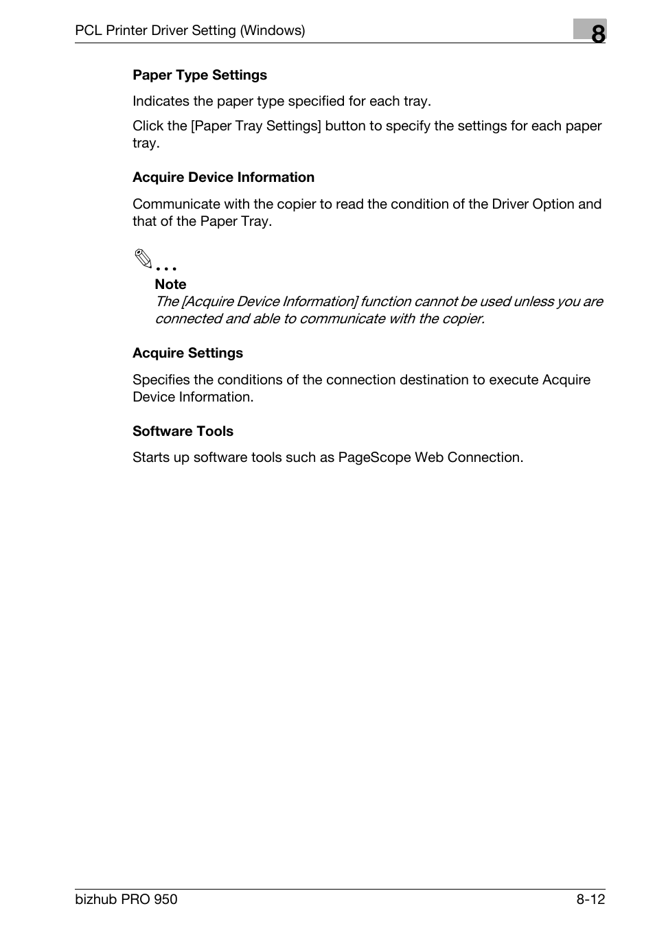 Paper type settings, Acquire device information, Acquire settings | Software tools | Konica Minolta bizhub PRO 950 User Manual | Page 129 / 320