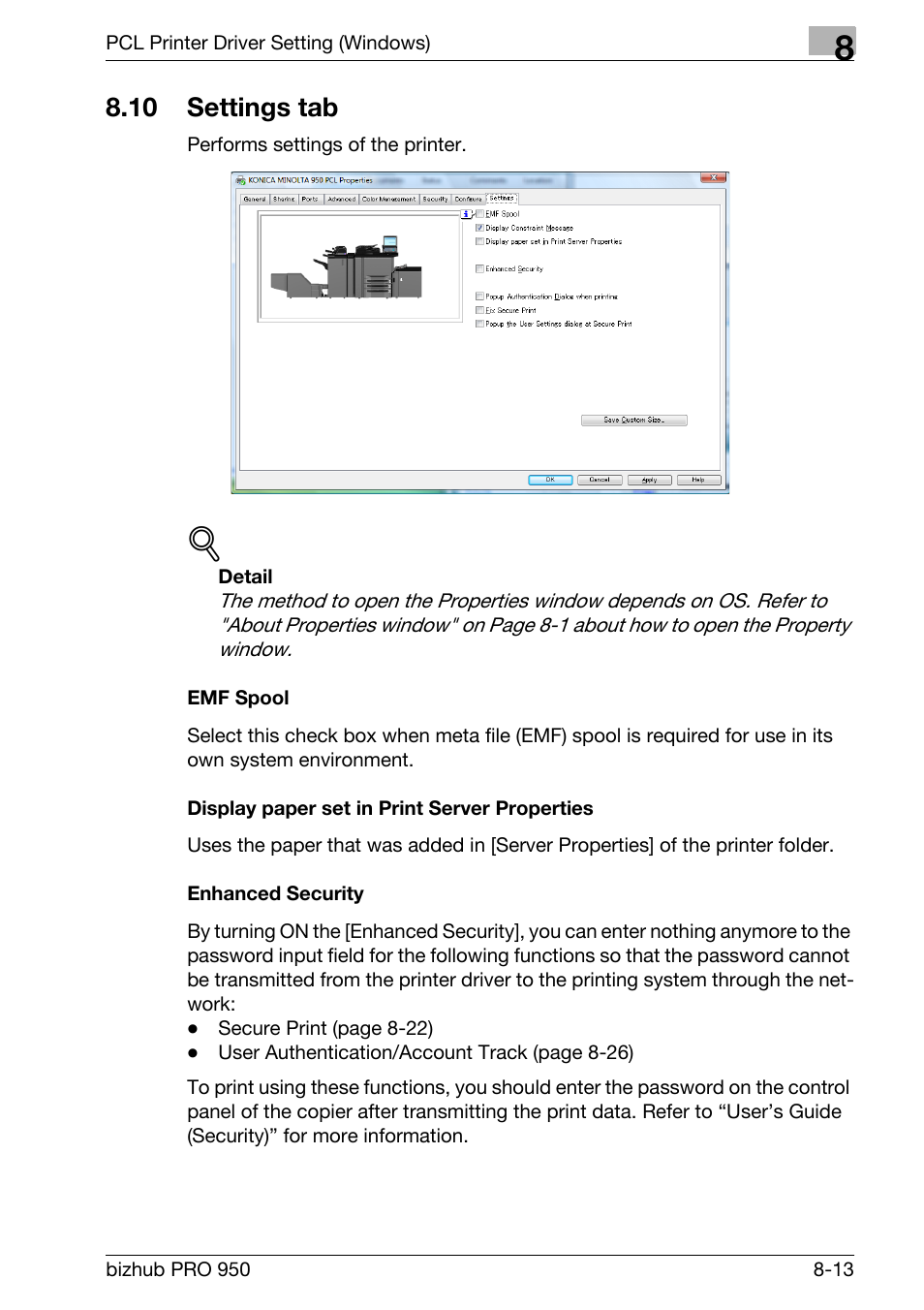 10 settings tab, Emf spool, Display paper set in print server properties | Enhanced security, Settings tab -13 | Konica Minolta bizhub PRO 950 User Manual | Page 130 / 320