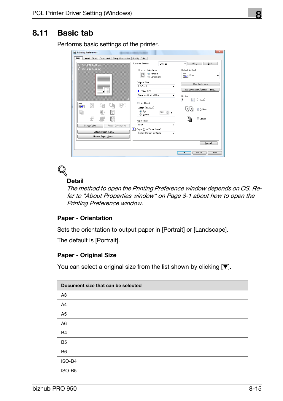 11 basic tab, Paper - orientation, Paper - original size | Basic tab -15 | Konica Minolta bizhub PRO 950 User Manual | Page 132 / 320