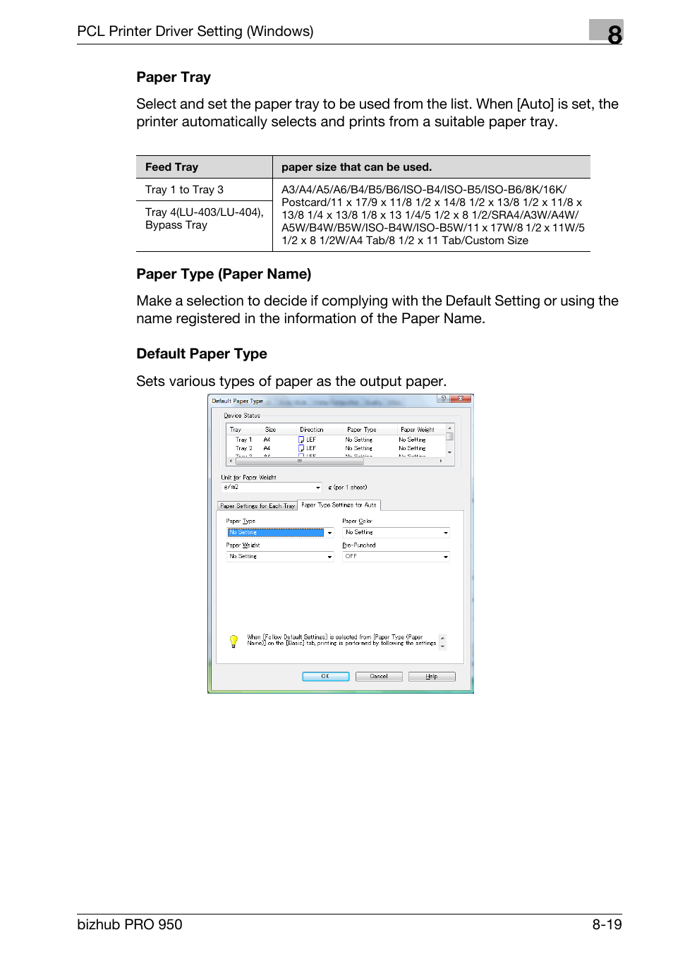 Paper tray, Paper type (paper name), Default paper type | Konica Minolta bizhub PRO 950 User Manual | Page 136 / 320