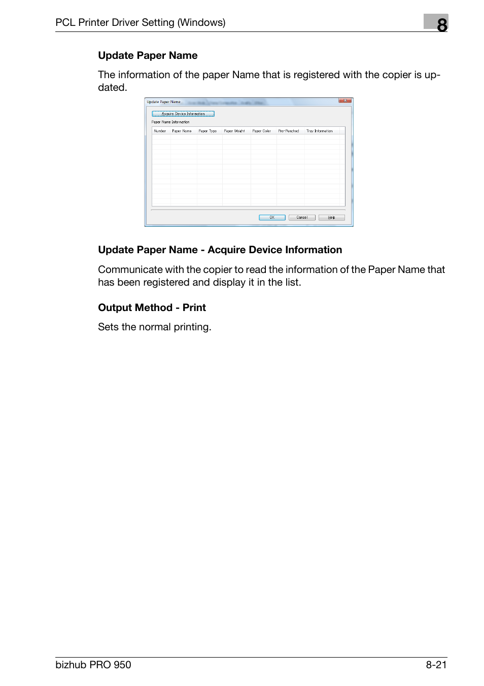 Update paper name, Update paper name - acquire device information, Output method - print | Konica Minolta bizhub PRO 950 User Manual | Page 138 / 320