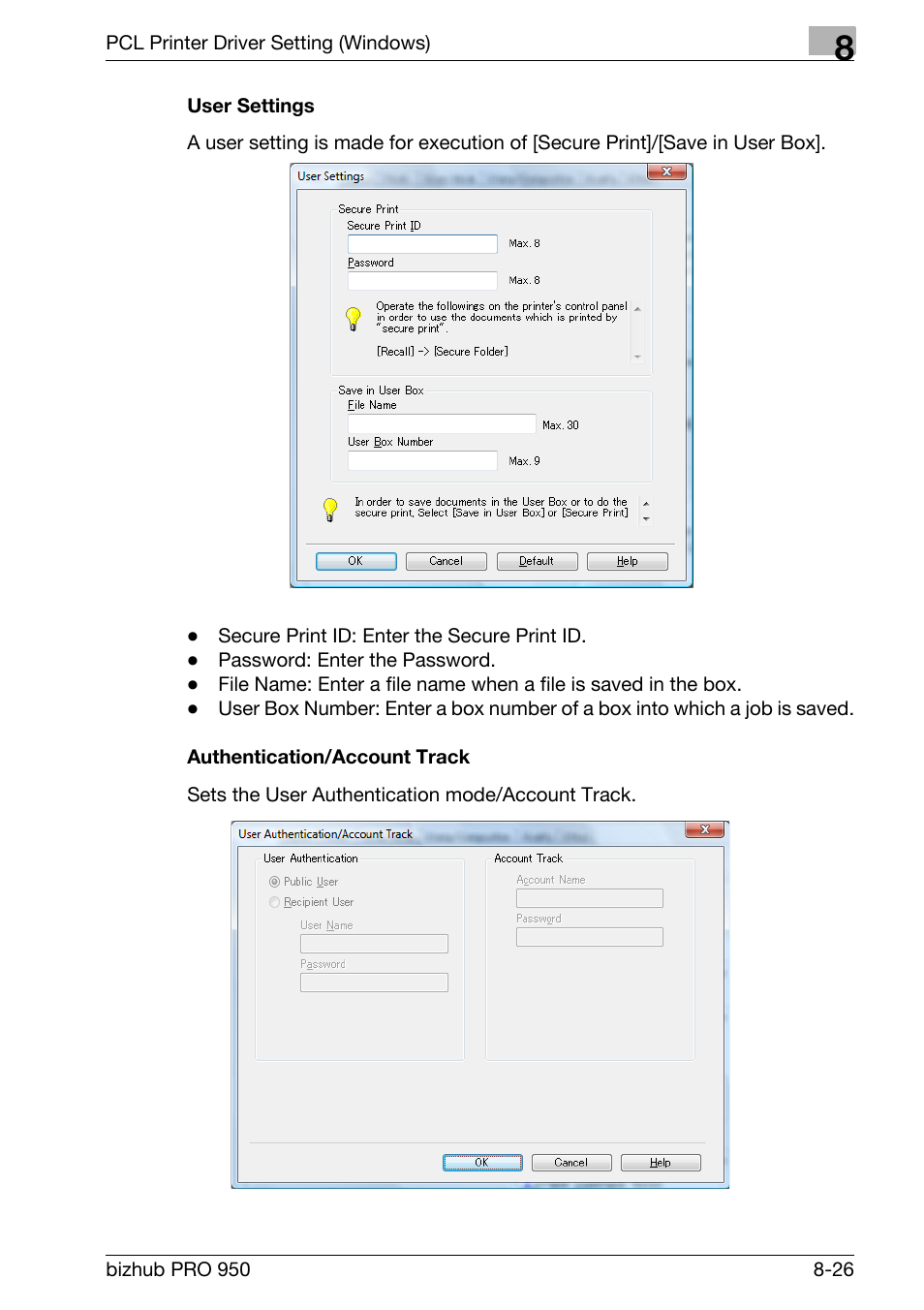 User settings, Authentication/account track | Konica Minolta bizhub PRO 950 User Manual | Page 143 / 320